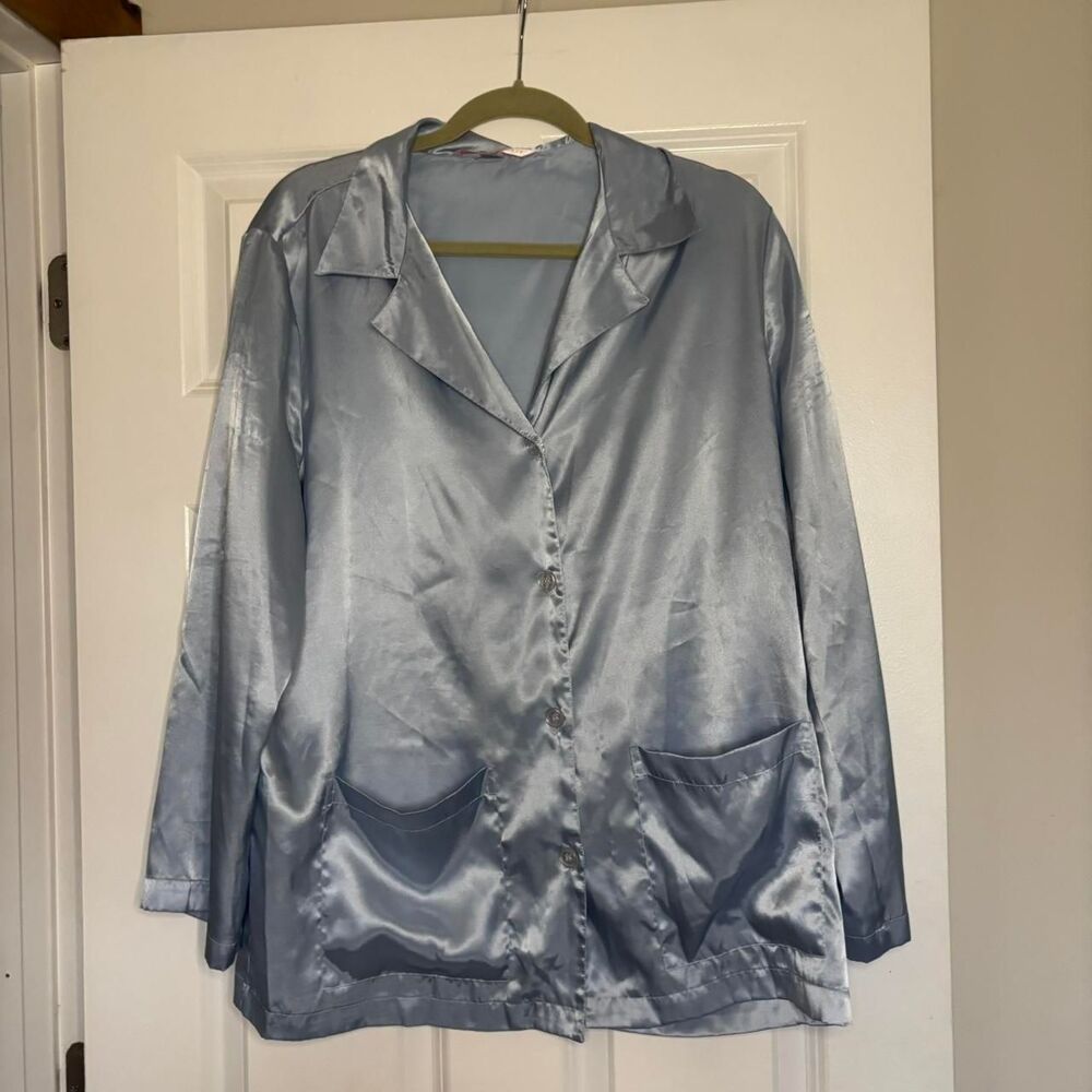 Victorias Secret Light Blue Pajama Top Satin Size Large 2000s Button Up